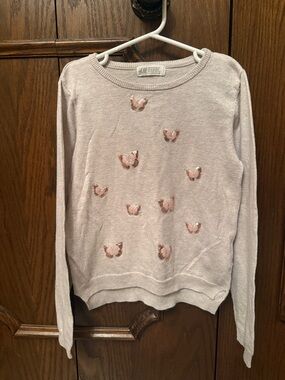 Girls H&M Light Pink Sequin Butterfly Crewneck Sweater Size 6-8y